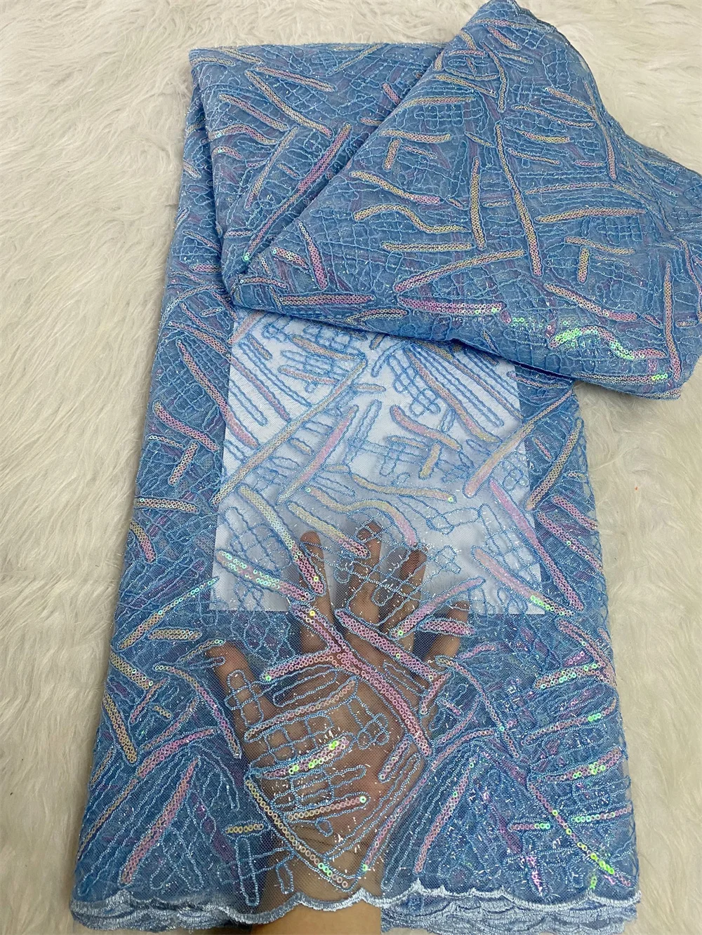 

African Luxury Sequins Lace Fabrics Sky Blue Beaded Embroidery French Tulle Mesh Lace Fabric Material For Party Wedding A1137-1