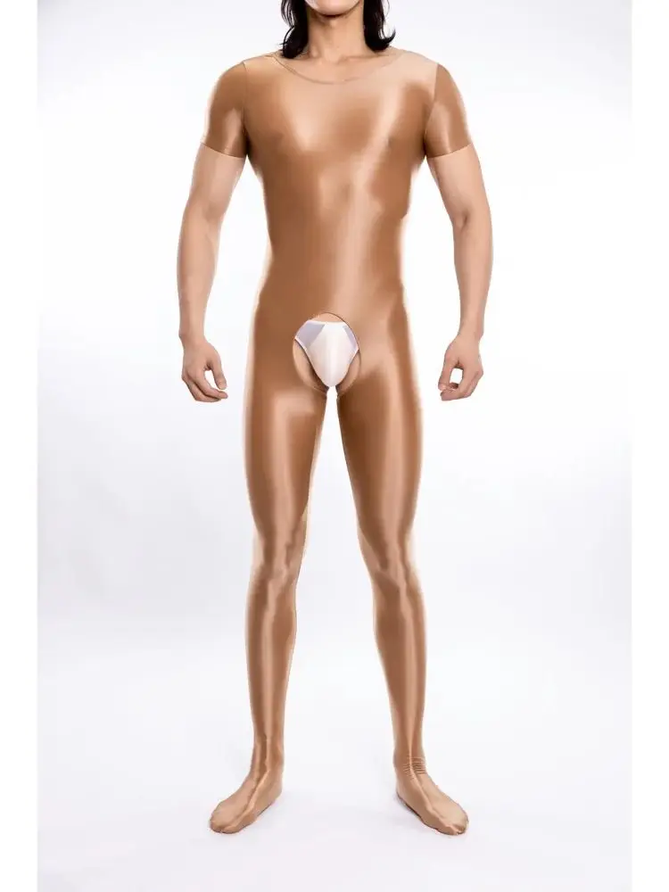 

M XL унисекс нейлоновый комбинезон с короткими рукавами глянцевый блестящий боди с вырезами и открытой промежностью колготки трико сиамский комбинезон комбинезон