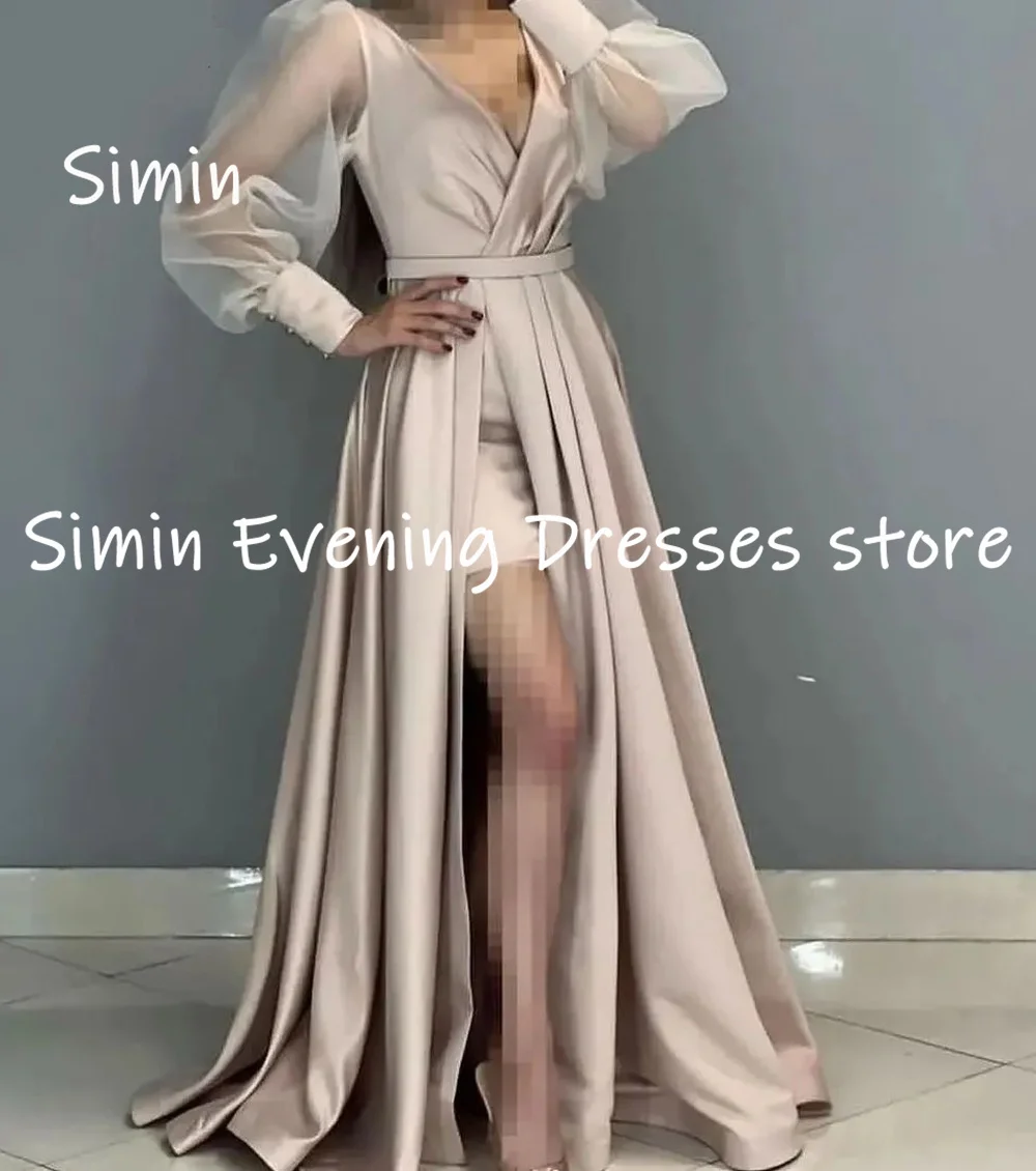 Simin-vestido de satén con cuello en V para mujer, prenda Formal con volantes, hasta el suelo, elegante, para fiesta y noche, 2023