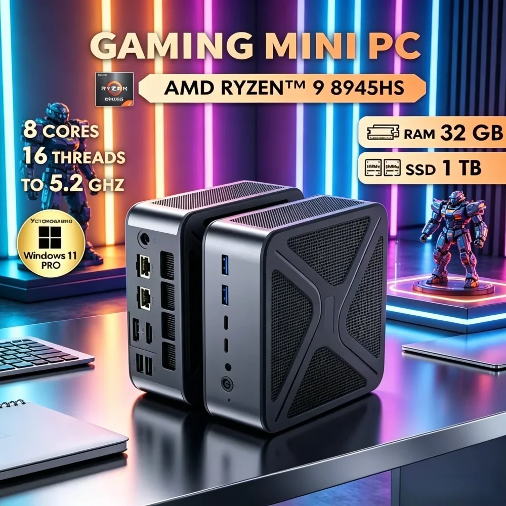 8K HDMI2.1 Gaming Desktop Computer GH8 Mini PC Win11 Pro, AMD Ryzen 9 8945HS 2*DDR5 WIFI6 BT5.2 Dual M.2 NVME blazing