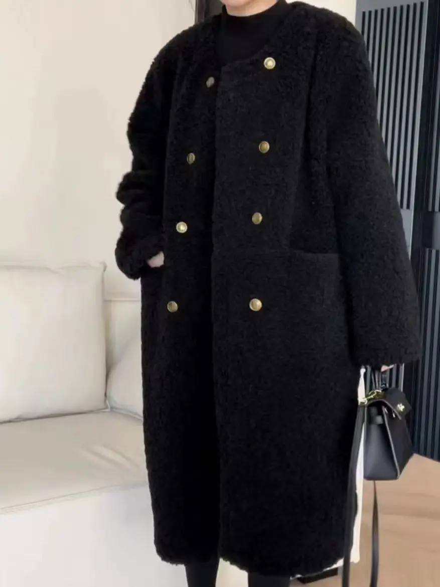 

Warm Oversized Lamb Fur Coat Women's Autumn Winter New Sle Medium Length Casual High Waist Polyester Fiber Long Sve Coat