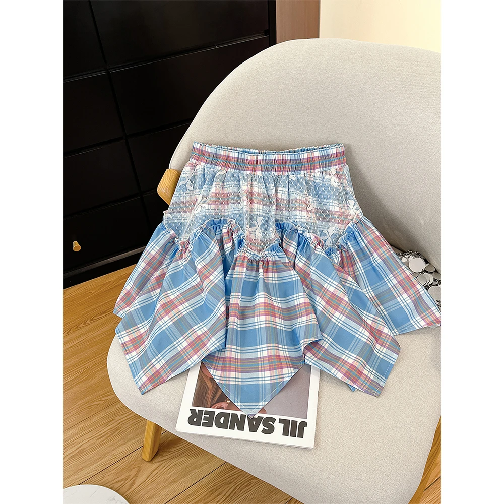 

Women's Blue Plaid Skirt Vintage Y2k Lace Patchwork Asymmetrical Skirt Harajuku A-line Mini Skirts 2000s Cutecore Clothes Summer