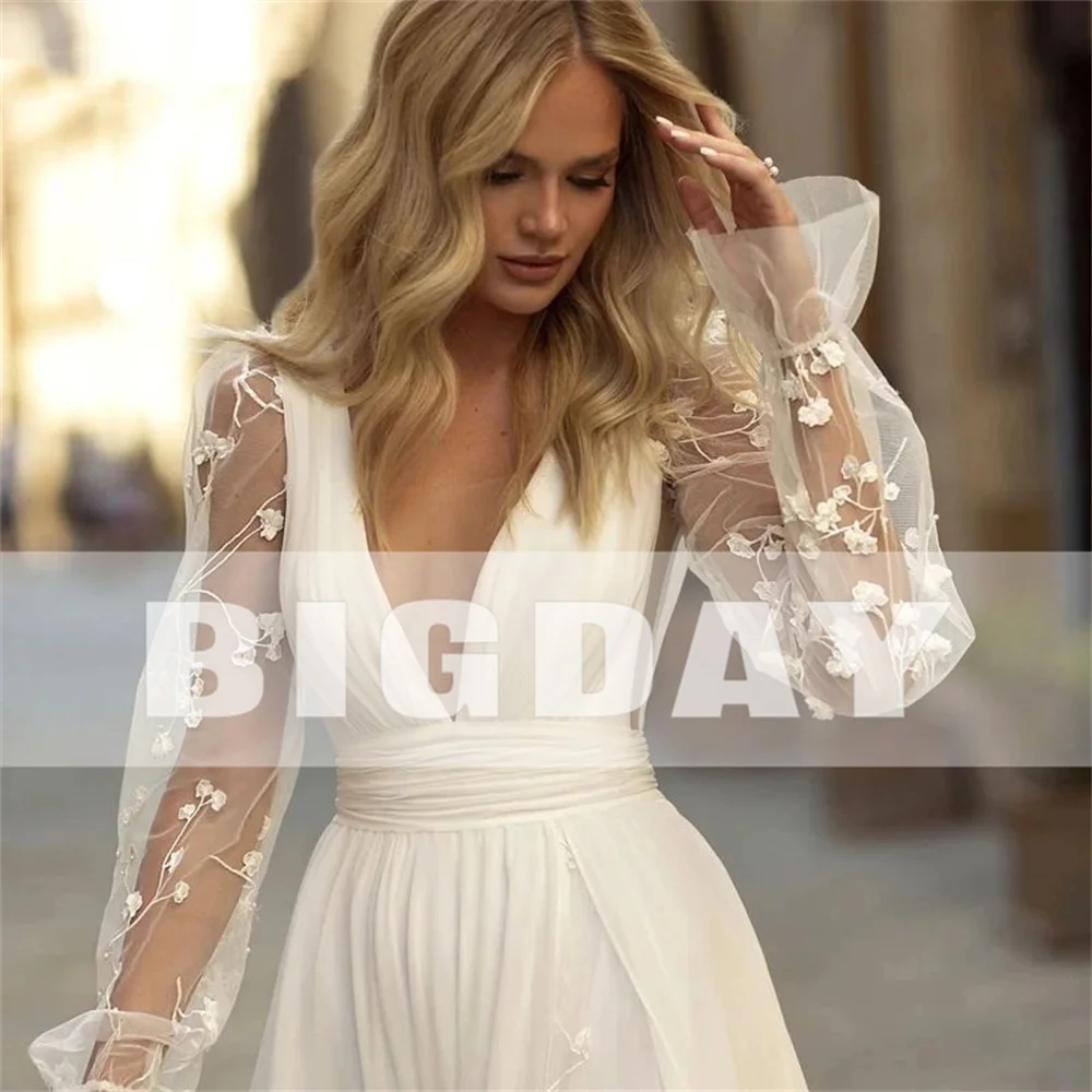 Elegant Wedding Dresses Women 2025 Lace V-Neck Open Back Long Sleeve Bridal Gowns Train Applique Vestidos De Noiva Customized