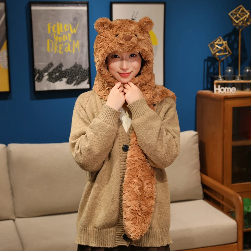 곰 돼지 스카프 모자 부드러운 플러시 귀여운 동물 핑크 돼지 브라운 베어 따뜻한 헤드웨어 모자 겨울 선물 소녀 소년 어린이 성인용