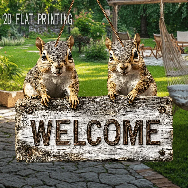 2D Flat,Rustic Farmhouse Welcome Sign with Cute Squirrels,Cabin - Recycled Wood Decoration -  Housewarming Gift