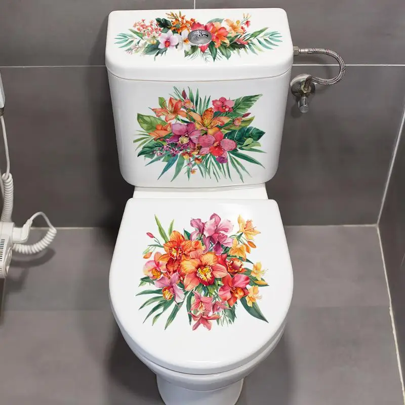 Watercolor Tropical Orchid Green Plant Toilet Wall Decals Floral Bathroom Stickers Waterproof For Toilet Lid Tank Decor