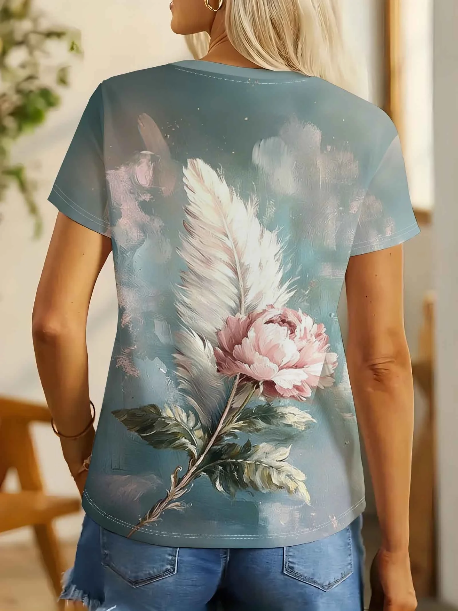 Women's T-shirt Vintage Oil Painting Peony Feather Print Short Sleeve Top Summer Casual Crew Neck Ladies Daily Clothes