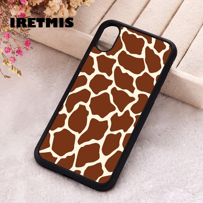 Iretmis Phone Cover Case For iPhone X XS Max XR 11 12 13 PRO MINI 14 15 16 Plus Rubber Silicone Brown Tan Beige Giraffe Skin