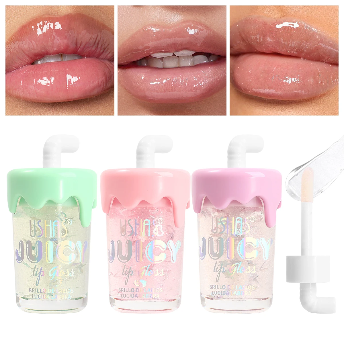 3個入り、USHAS、キュートなデザイン、フルーツリップオイル、透明感のあるツヤのある保湿リップケア化粧品、栄養のあるジェリーリップカラー