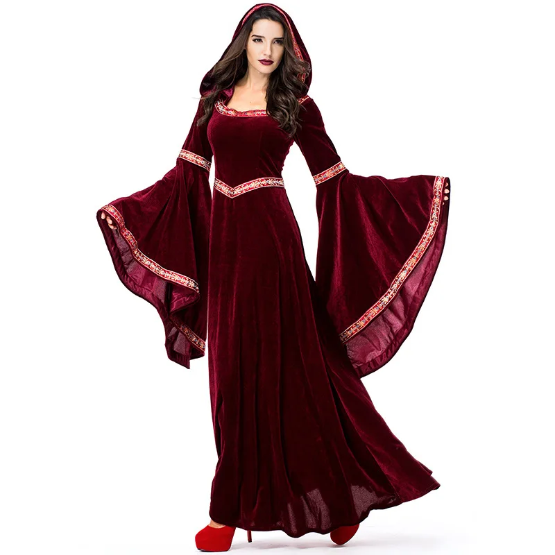 Medieval Retro Gothic Hoodie Witch Long Skirt Luxury Women's Party Dress Cosplay Vampire Halloween Adult Costume