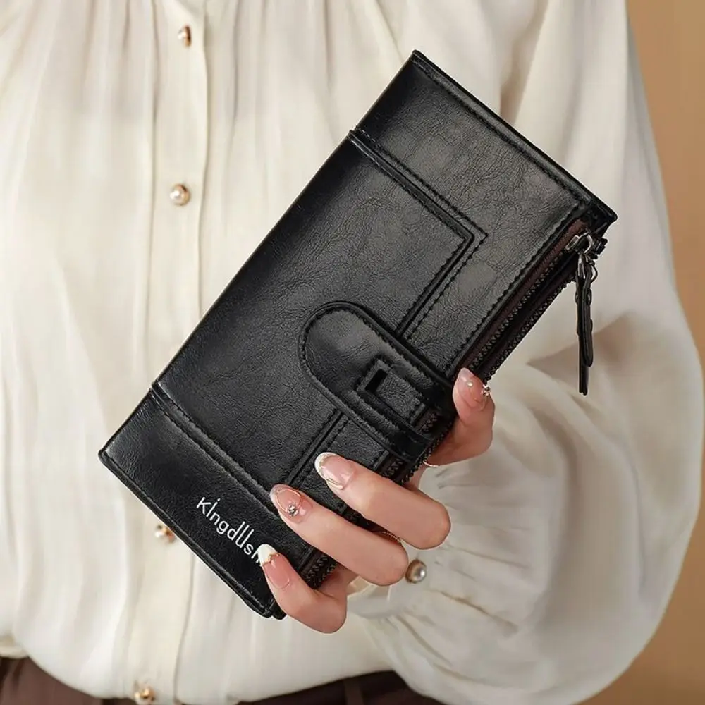 

Korean Style Biofold Long Wallet PU Leather Magnetic Clasp Large Capacity Wallet Solid Color Multi Card Solt Clutch Bag