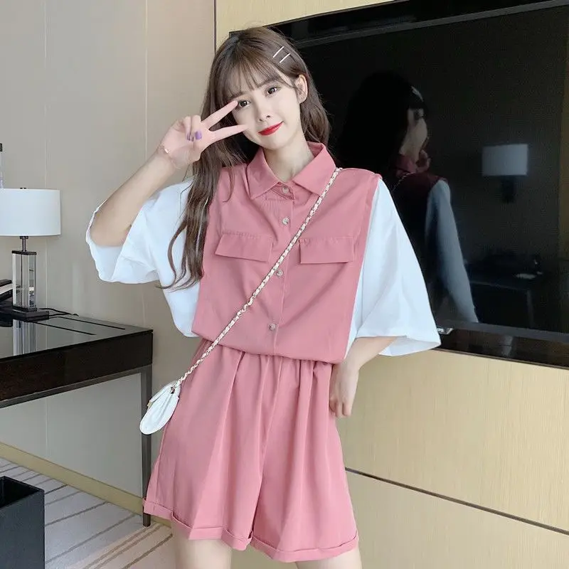 Korean Two Piece Set Sets Women Sweet Students Shorts Summer Patchwork Femininno Shirts Baggy All-Match Fashion Kawaii Ins