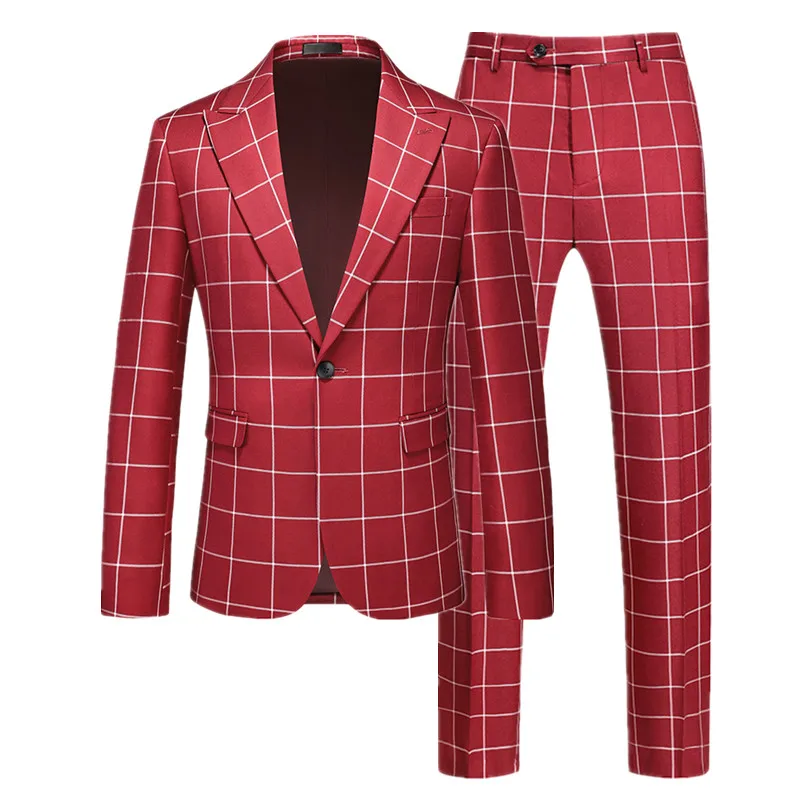 (Jacket+Pants) Fashion Men Simple Checkered Business Social Suit 2 Piece Classics Male Wedding Tuxedo Dress Single Breasted Set