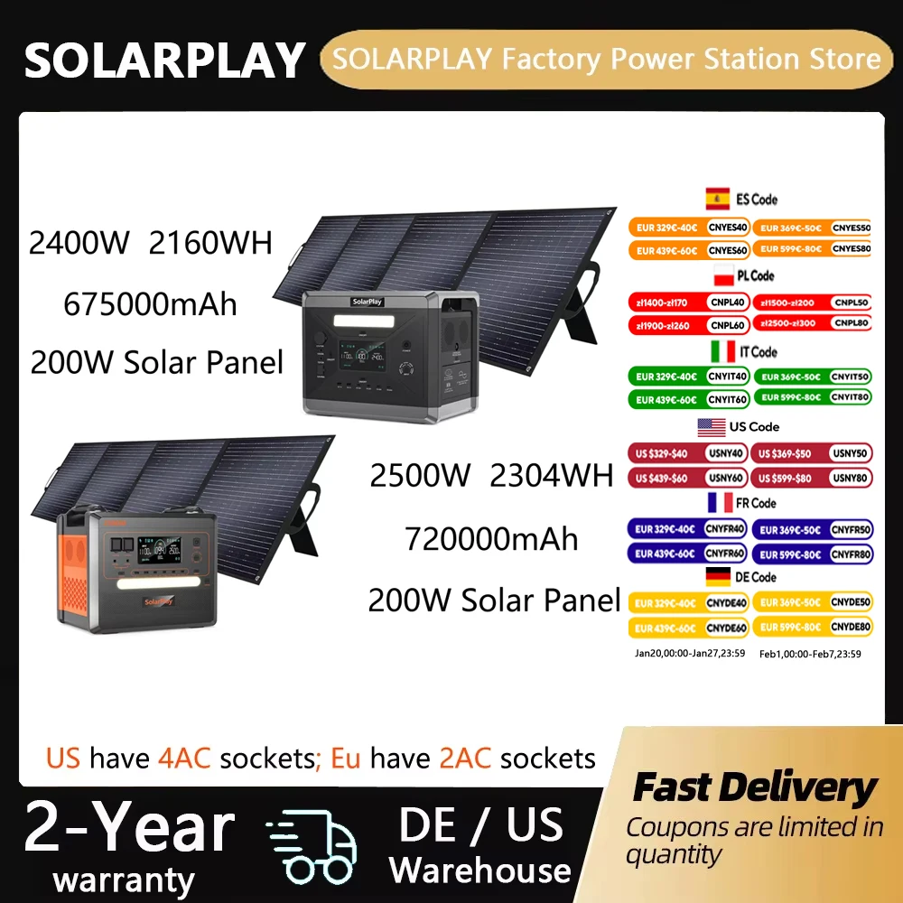 Solar Generator 2160WH 2304WH Long-life LiFePO4 Portable Power Station & 200W Solar Panel  for Home Campervan Up to 2400W Output