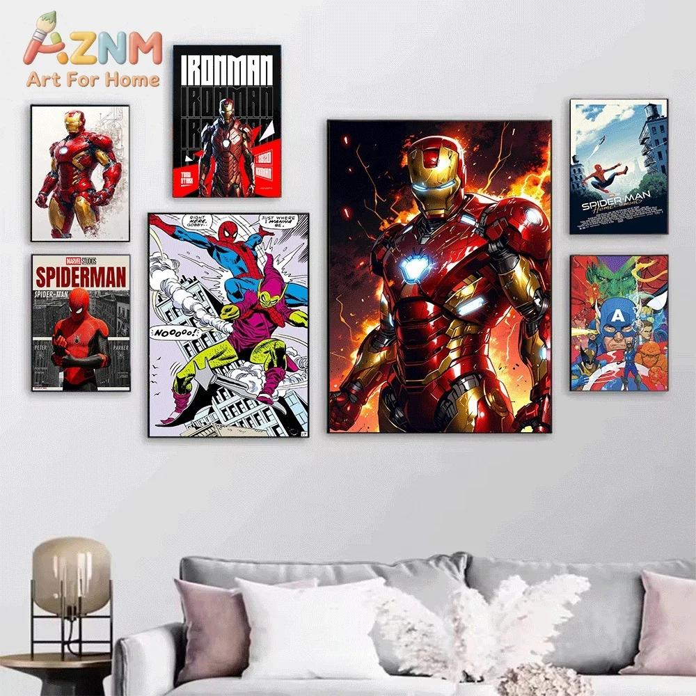 AZNM Spiderman City Building Street Lamp Canvas Wall Print, Superhero Jumping Over Urban Skyscraper Retro Comic Pop Art Graphi