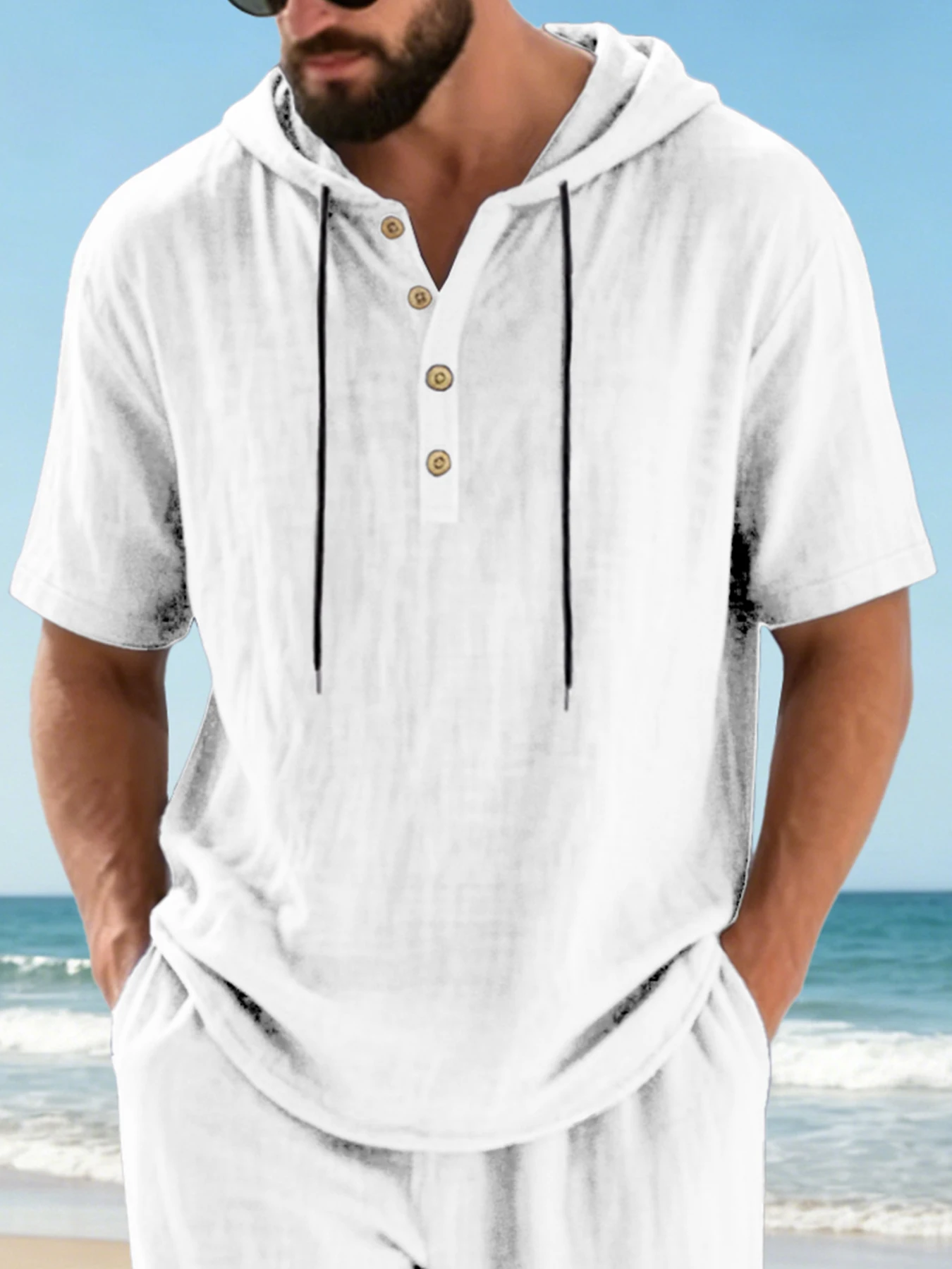 

mens cotton linen hooded henley shirt short sleeve drawstring breathable casual summer beach top