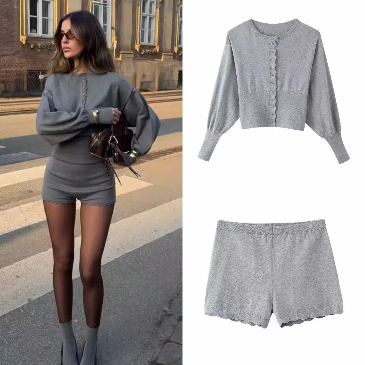 Women's Fashionable Two-Tone Knit Slim-Fit Cardigan And Shorts Set Brown Knit Long Sleeve Cardigan High Waisted Shorts SFCJ
