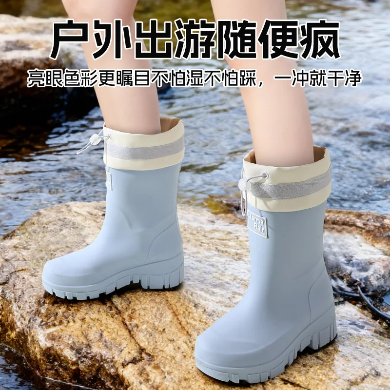 

New Women's Mid-calf Fashionable Rain Boots Outdoor Waterproof Boots Heightening and Slimming Women's Camping Style Rubber Shoes