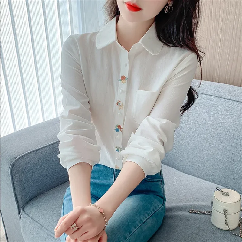 

Блузка с пасторальной вышивкой, женские рубашки, хлопковые топы, кардиган с карманами и длинными рукавами, рубашка OL, элегантная осенняя женская блузка