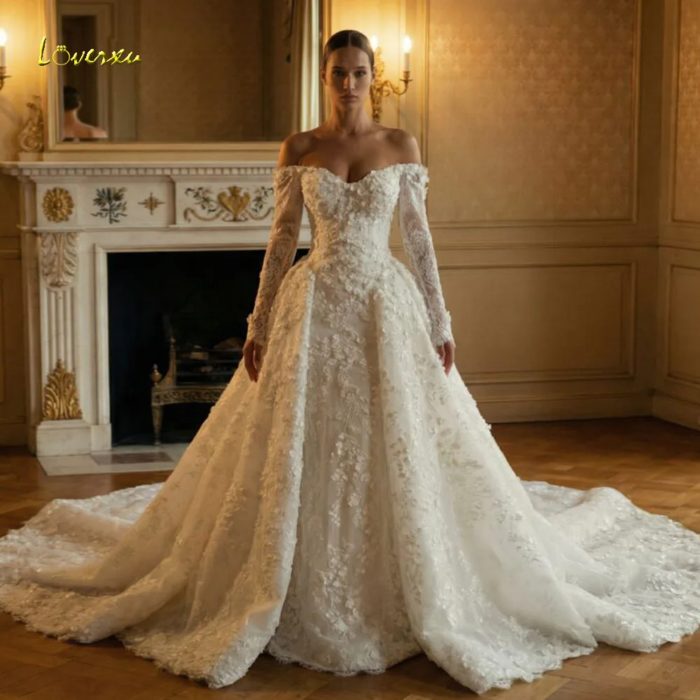 

Loverxu Mermaid Sexy Wedding Dresses Sweetheart Off The Shoulder Vestido De Novia Lace Embroidery 2 In 1 Custom Made Bridal Gown