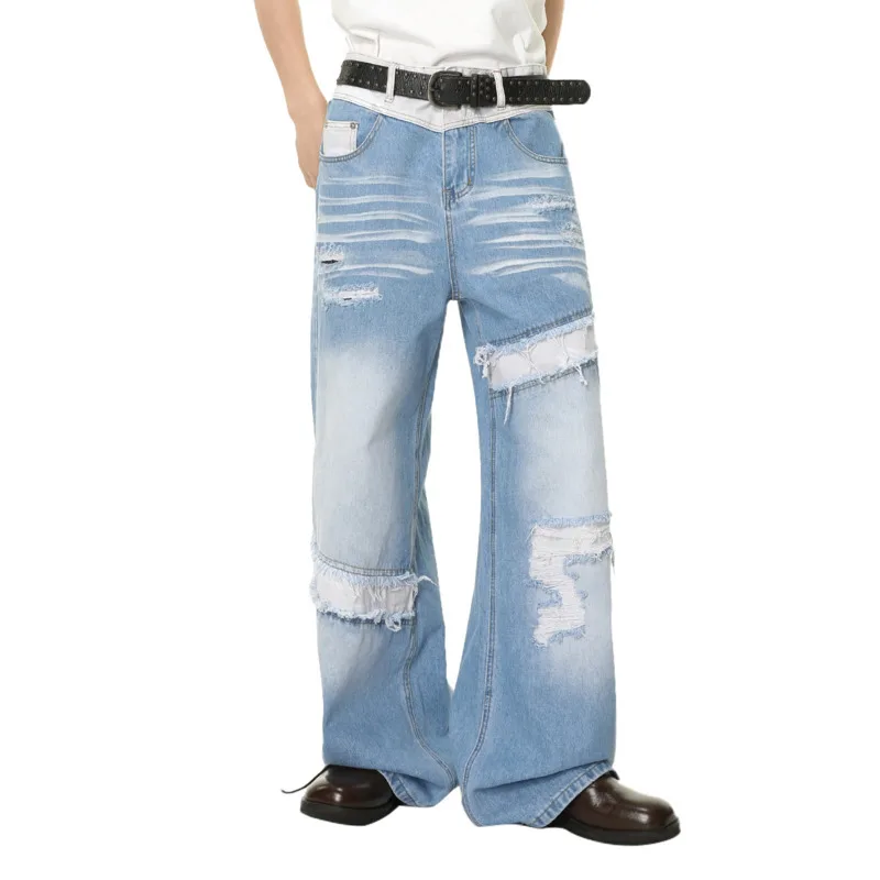 الربيع / الخريف الرجال الموضة الاتجاه المتخصصة الشارع الربط منتصف الخصر شخصية مهترئة خمر الصناعة الثقيلة الجينز المألوف