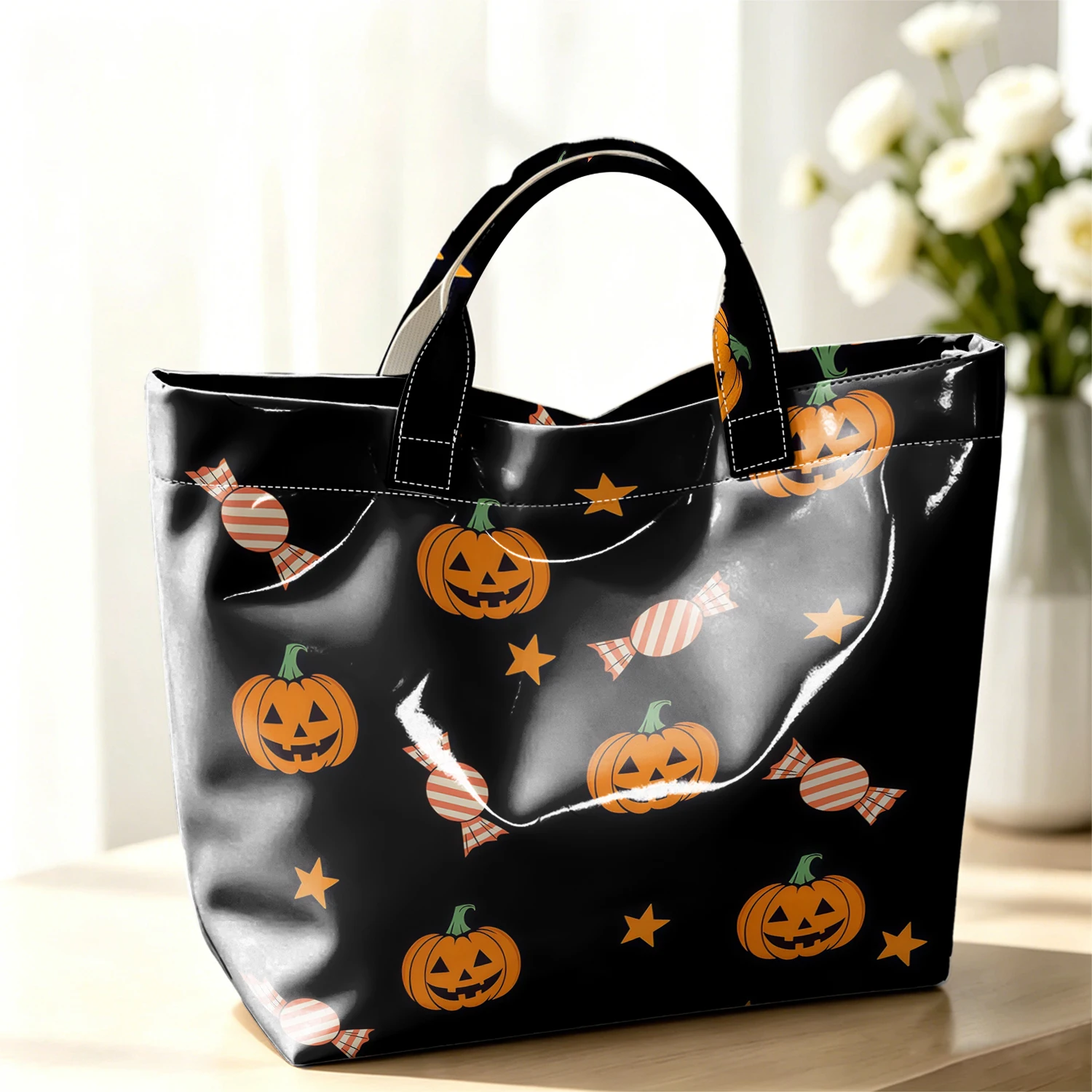 Pumpkin Candy Fashion Large Glossy PVC Tote Bag Hand Washable Waterproof Perfect Travel Commute Cosmetic Storage Shopper