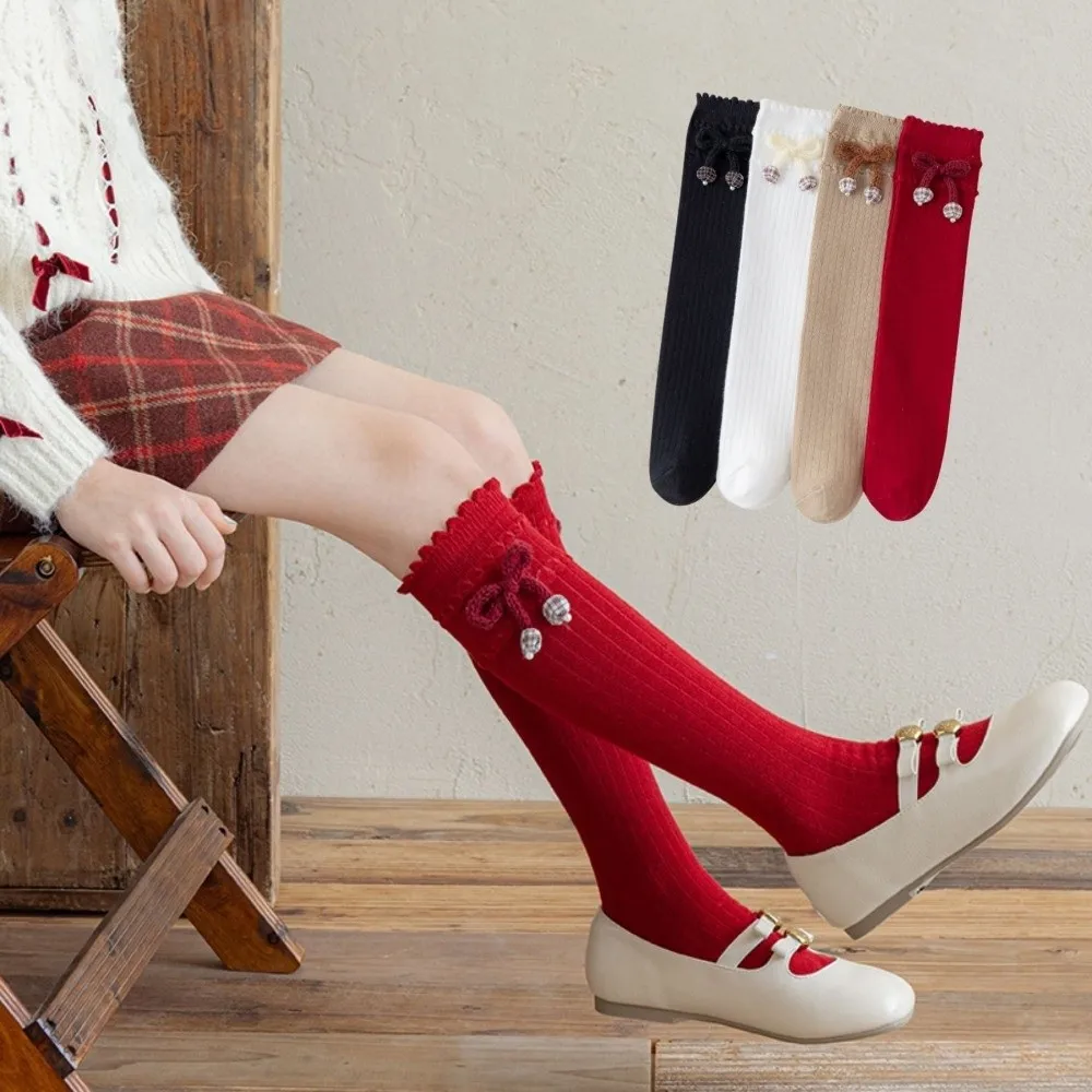 Knee High Length Knee High Socks Ruffled Cuff Sweet Bow Slouch Socks Plaid Ball Ornament Calf Length Knitted Socks