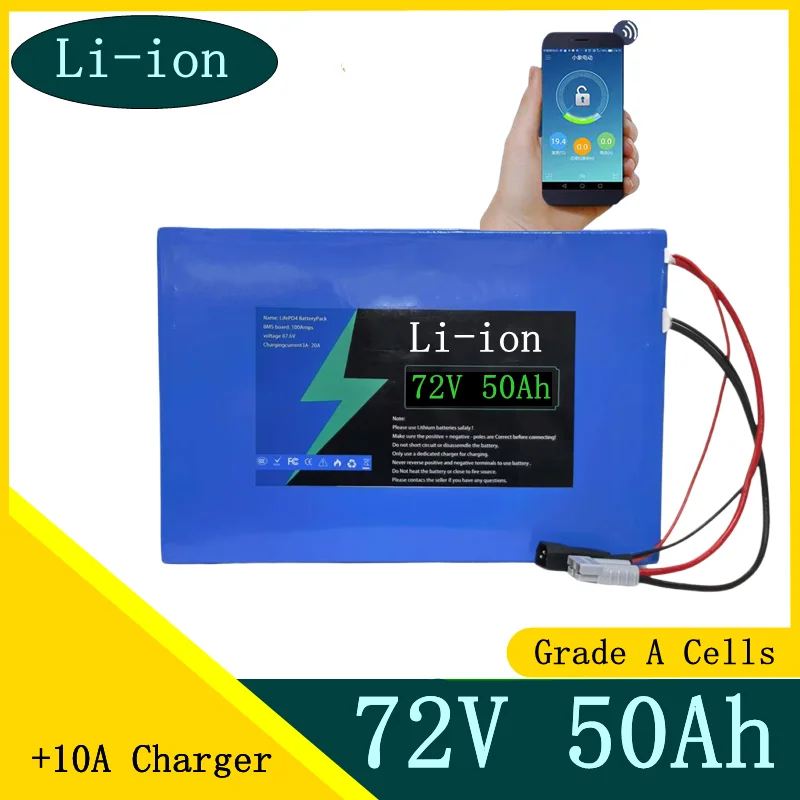 

72v 50Ah lithium ion with Bluetooth APP BMS for 5000W 10KW bicycle scooter bike Motorcycle Forklift inverter +10A charger