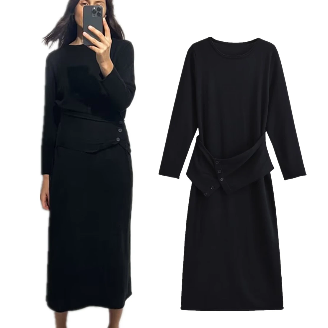 Withered Fashion Ladies French Black Knitted Midi Dress Simple Basic Long Sleeve Party Dress Women