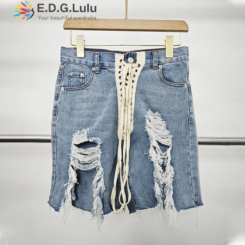 EDGLuLu موضة الشارع تصميم عالية الخصر الرباط الدانتيل متابعة الدنيم السراويل السيدات الجوف خارج مع ثقوب الدنيم السراويل 1011