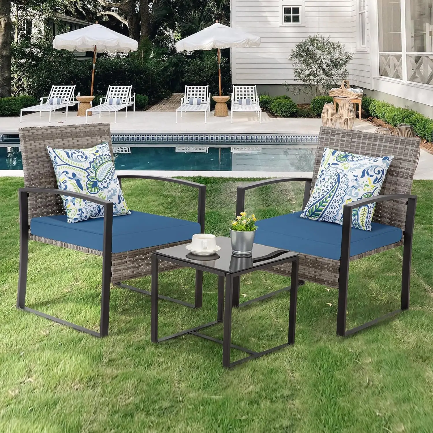 3 Pieces Patio Furniture Set, Outdoor Wicker Conversation Bistro Set w/ 2 Chairs, 2 Cushions, Glass Coffee Table for Garden Bal.