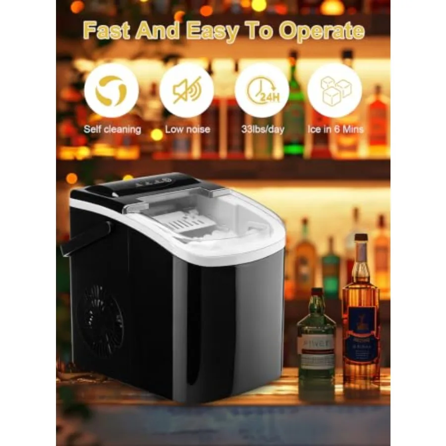 Countertop Ice Maker, Portable Ice Cube Machine, 9 Cubes Ready in 6-13 Mins, 15kg/33lbs, Portable Ice Cube Machine, Carry Handl