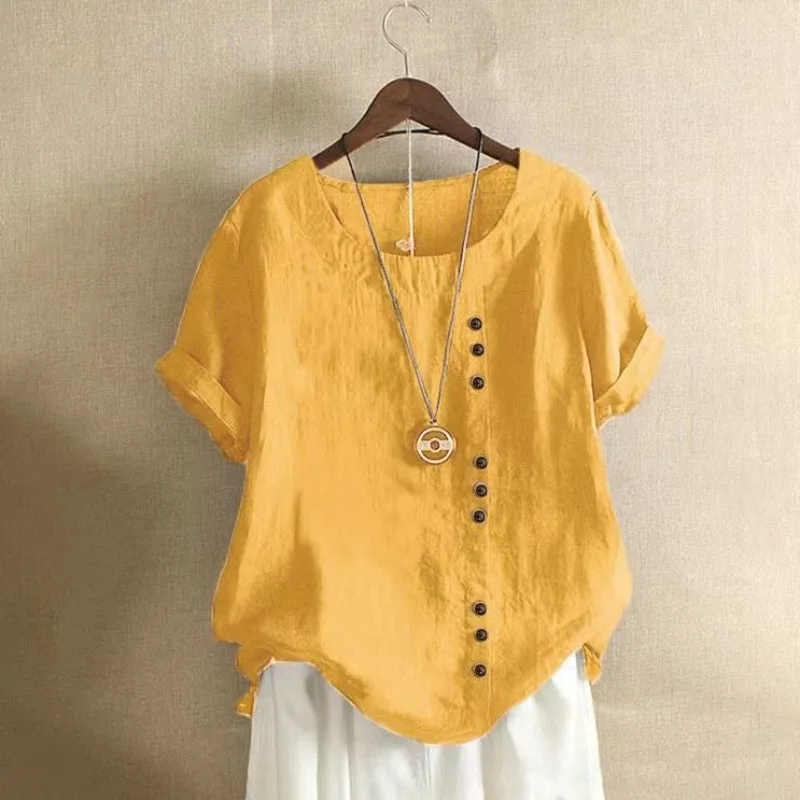 

Женская модная хлопково-льняная базовая рубашка больших размеров с коротким рукавом и круглым вырезом, весна-лето, новый стиль, для повседневной носки, в художественном стиле