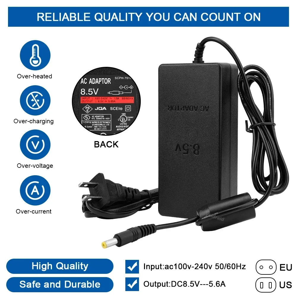 Adaptador de Energia AC 100~240V com Plugue EU/US, Carregador DC 8.5V 5.6A para Acessórios de Jogos PS2 Slim Série 70000