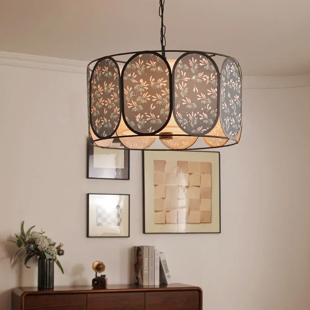 SANDYHA Vintage Blue Floral Fabric Pendant Light LED Chandelier Perfect for Bedroom Living Room Dining Room Corridor