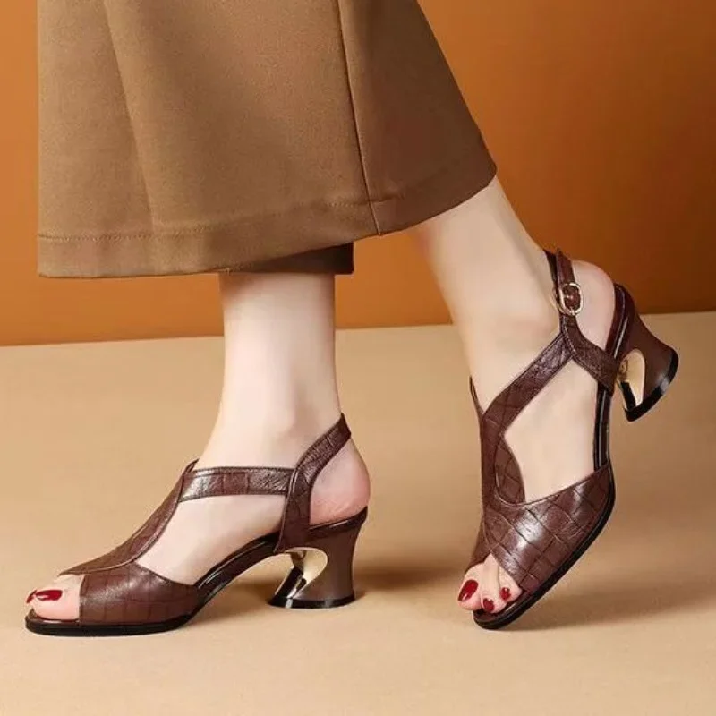 2024Women\'s Peep Toe Chunky Heel Shoes 2023 Summer Vintage High Heel Sandals for Dress Office T-strap Heeled Shoes