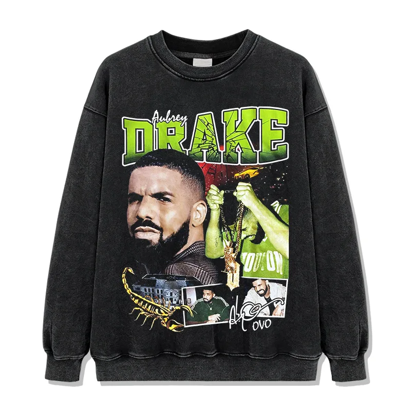 Drake Printed Short Sleeved American Retro Cosplay Drake T-shirt Washed and Worn Long Sleeved Loose Hooded Sweatshirt Men