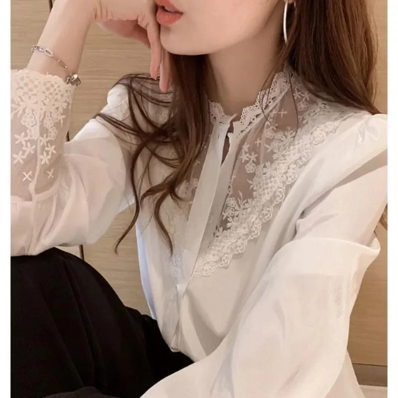 Summer Women Blouse Lace Patchwork White Shirt Long Sleeve Button Elegant Office Lady Tops Korean Style Blouse Shirts