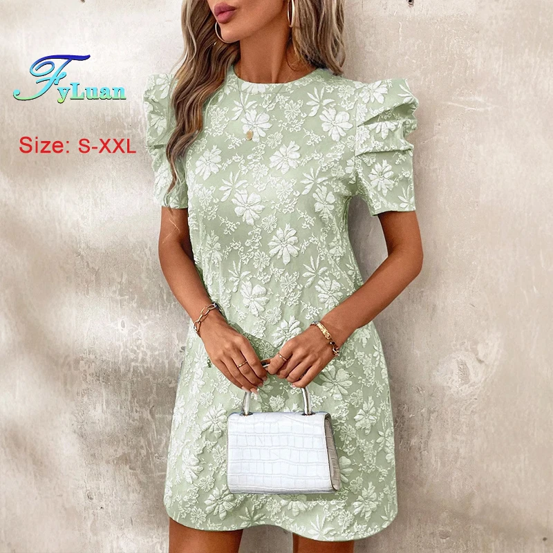 Sommer Retro Stil frauen Kleid Rundhals Blase Hülse Jacquard Textur Schlank Mini Kleid Mode Bankett Elegante Süße Kleid