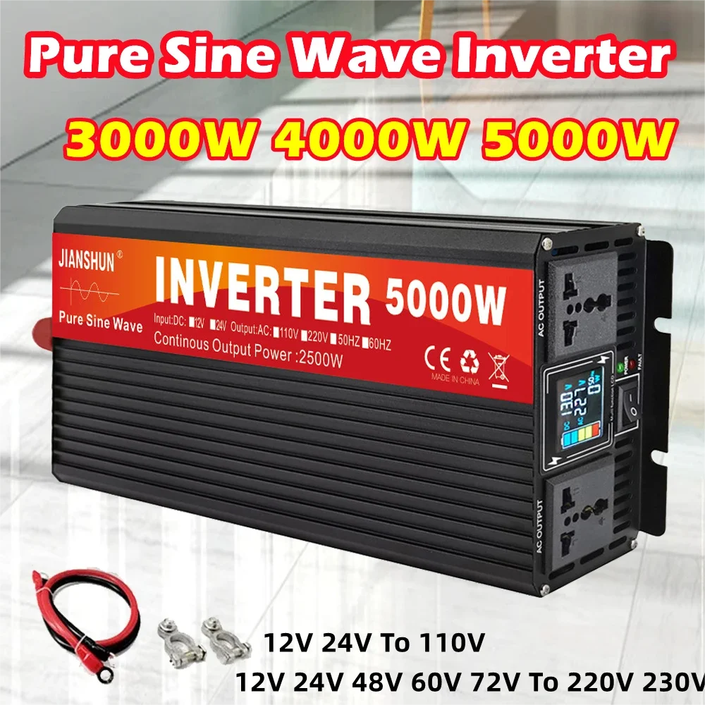 

Pure Sine Wave Inverter 3000W 4000W 5000W Power DC 12V 24V 48v To AC 220V Voltage 50/60HZ Converter Solar Car Inverter With LED