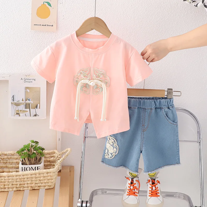 2024 Designer Baby Girl 18 Months Old Summer Clothes for Kids Chinese Style Short Sleeve T-shirts and Shorts Girls Outfits Set