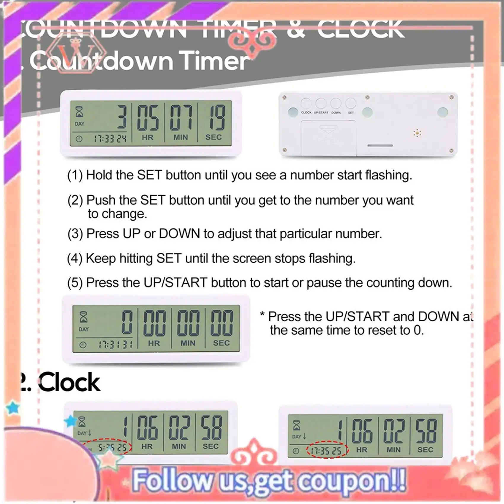 AT84-2X Big Digital Countdown Days Timer Clock - 999 Days Count Down Clock Timer For Graduation Lab Kitchen (White)