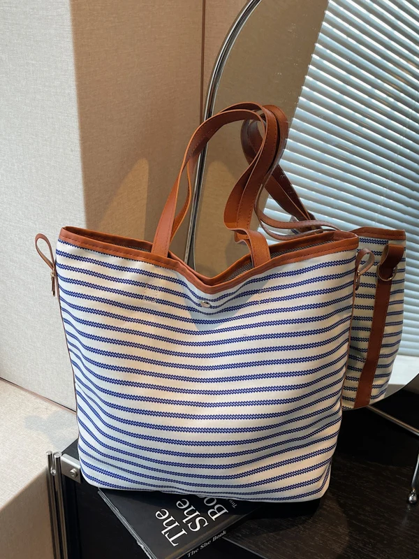

2025 Autumn New Korean Sle Large Capaci Striped Tote Bag Commuter Canvas Single oulder Bag Casual Leisure Faion