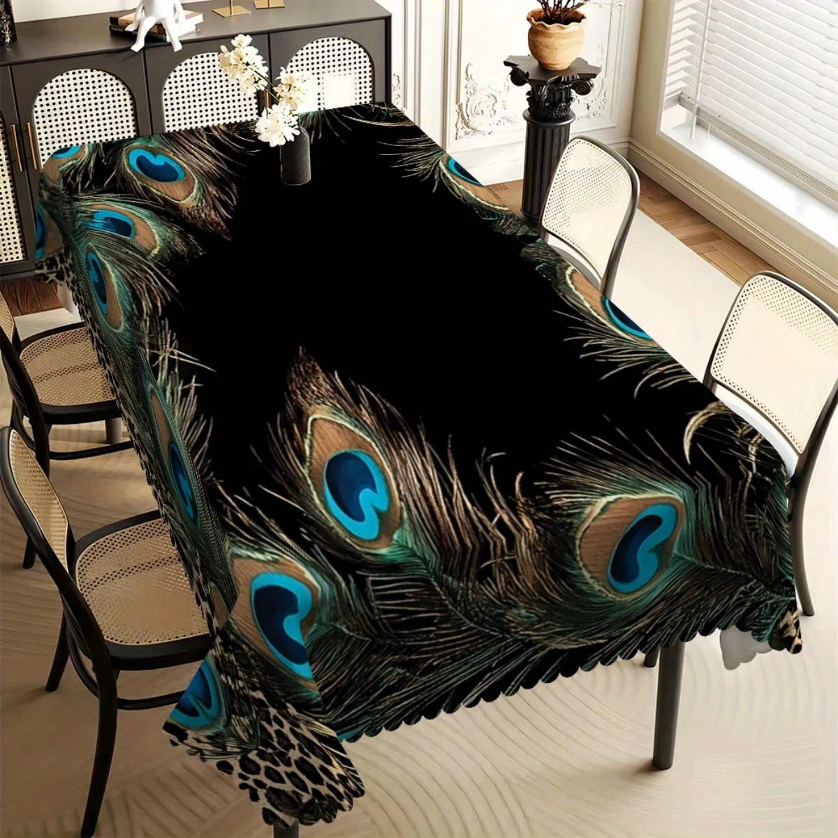 Elegant Black Tablecloth with Peacock Feather Print, Scalloped Edge, Stain Resistant for Dining Room & Luxurious Home Decor