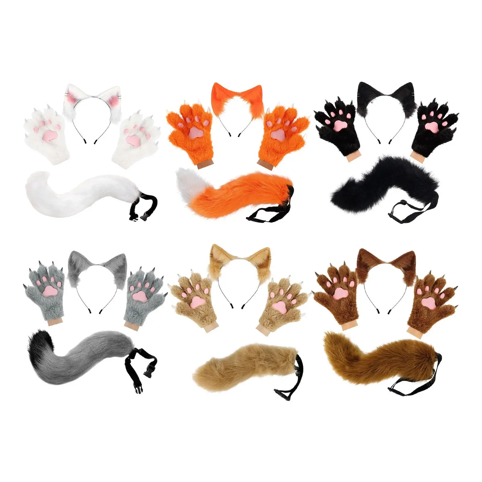 

Animal Ear Headband, Tail Gloves, Set, Plush Ear Headband for Halloween
