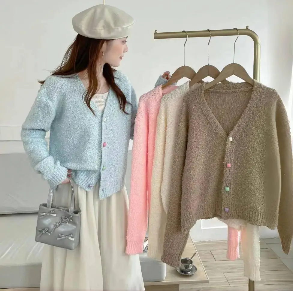 FIGOHR Korean Knitted Sweater Girl's Style Macaroon Candy Color V-neck Knitted Cardigan Coat 2025 Spring