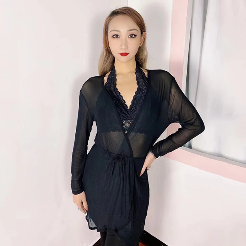 Black/Leopard Mesh Latin Dance Cardigan Long Sleeves Tops Coat Lace Bra Women Dancing Outfit Rumba Ballroom Dance Clothes BL8938