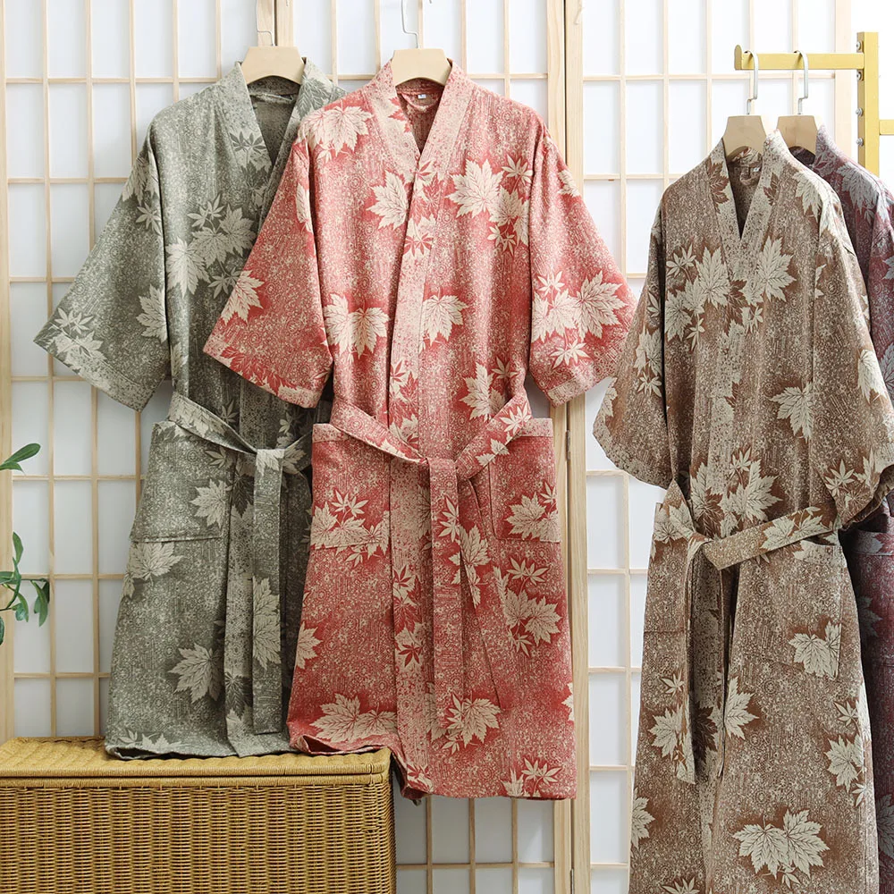 Cotton Bathrobe for Spring and Summer Fashionable Printed Half Sleeve Kimono Thin Home Wear Absorbent Quick Drying Sleeping Robe