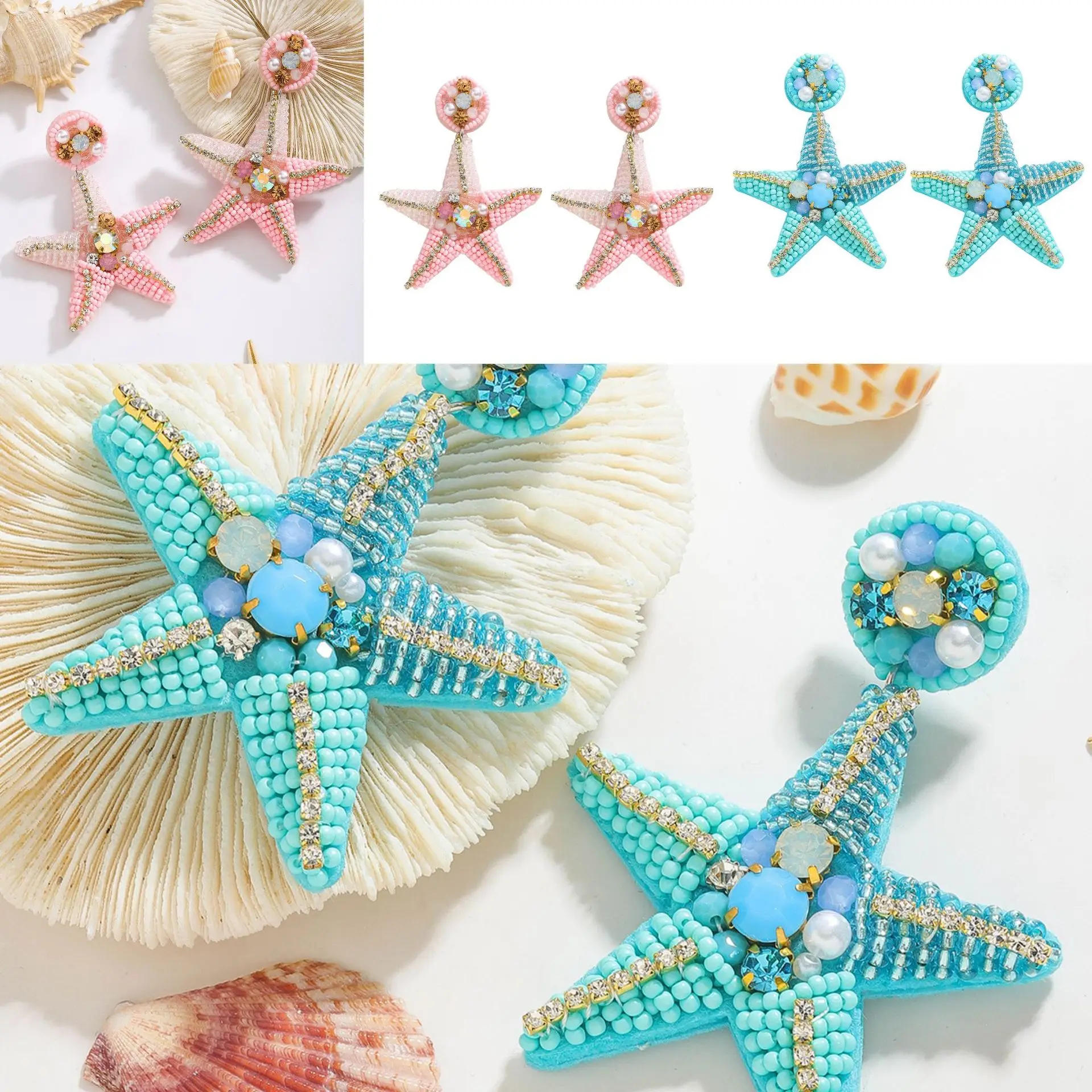

Rice bead earrings Sea star Originality Fabric art Bohemia Design Hand knitting Alloy Female Fashion Simple Beaded earrings
