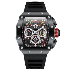 Reloj de pulsera deportivo Tonneau de acero inoxidable para hombre, cronógrafo de cuarzo de marca superior, a la moda, de silicona negra, tipo Mille, F1